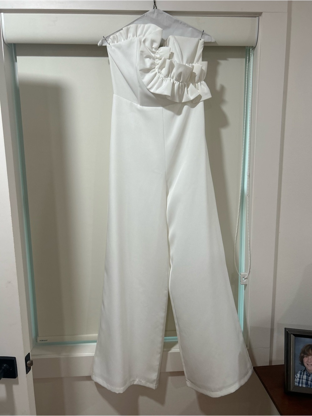 Do+Be White Strapless Ruffle long dress with split leg.
